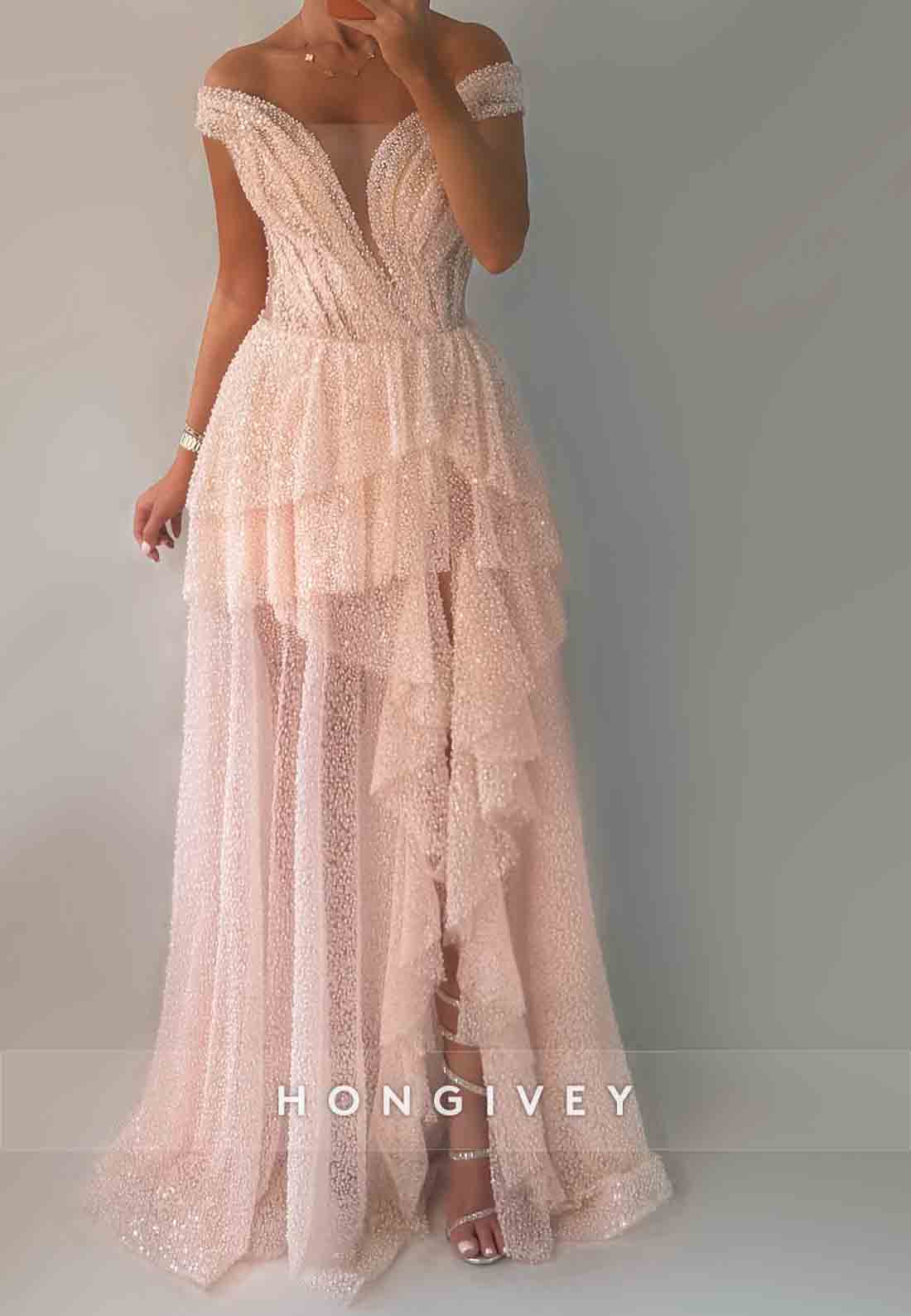 Off the Shoulder A-Line Glitter Floor-Length Evening Gowns with High Slit