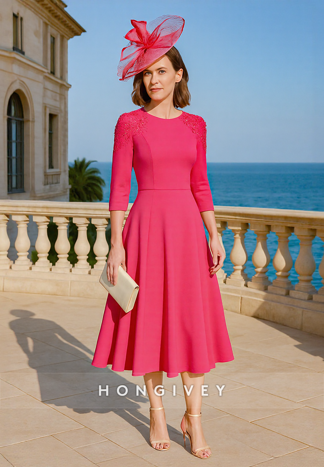 3/4 Sleeve A-Line Tea-Length Pleated Mother of the Bride Dress with Shoulder Beading