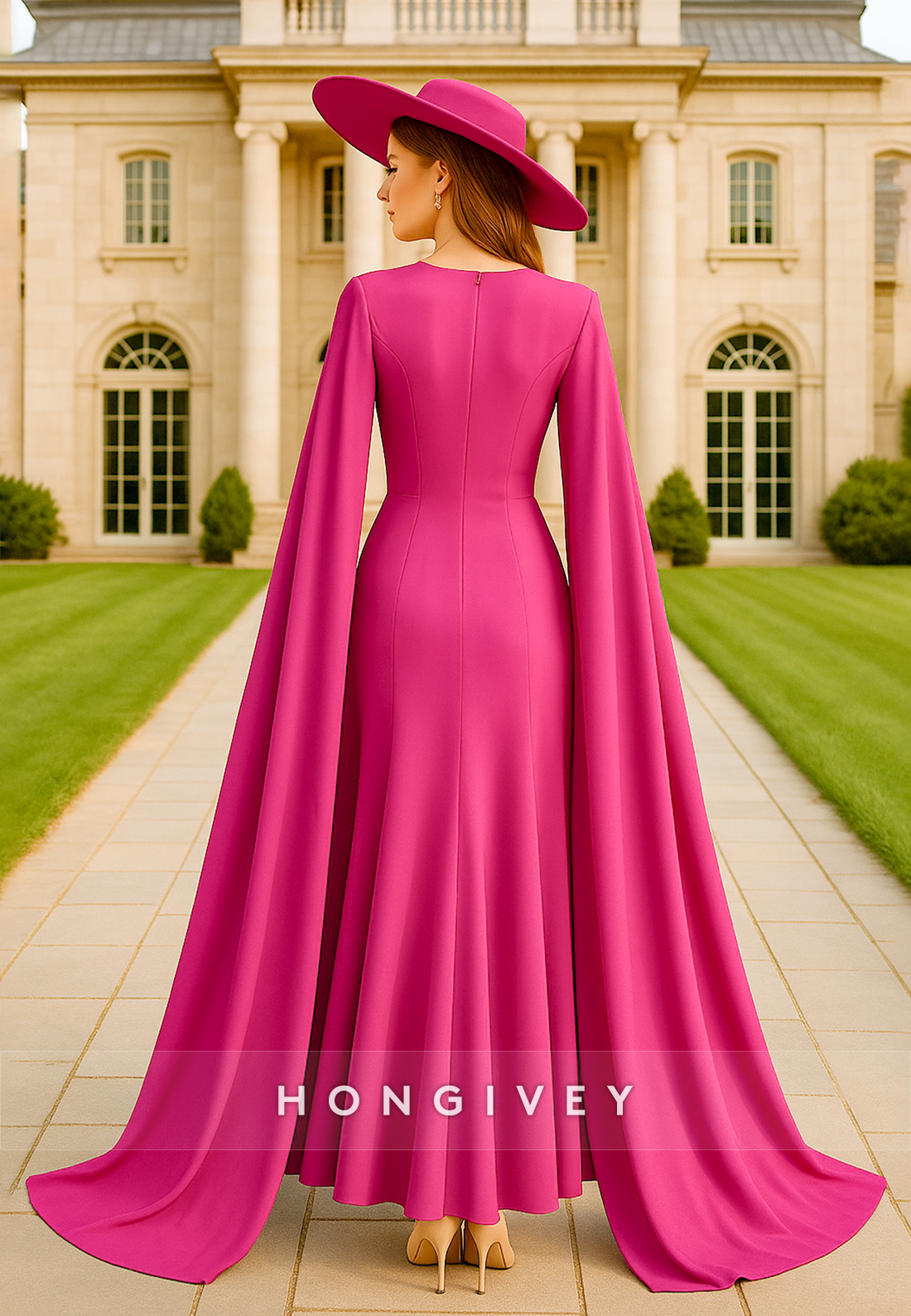 Round Neck Bell Sleeves Ankle-Length Beaded Long Mother of the Bride Dress