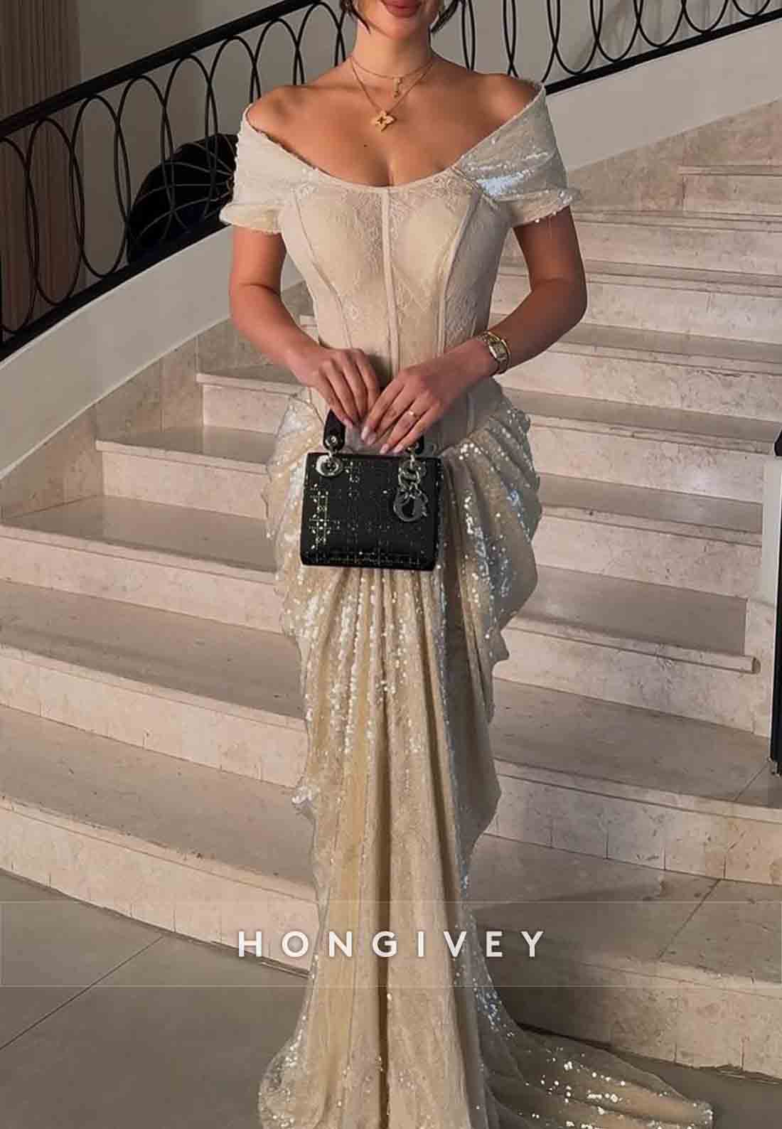 Off the Shoulder Pleated Sheath Floor-Length Crisscross Back Ruched Evening Gowns