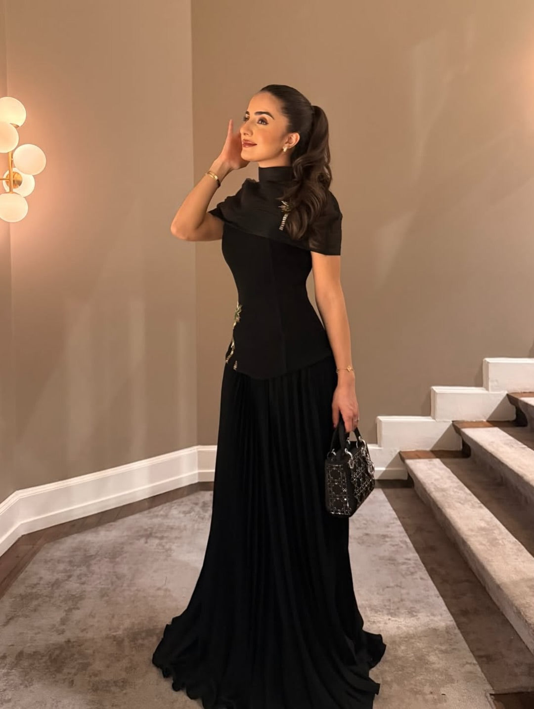 Elegant Black High Neck Half Sleeve Mermaid Sequins Appliques Evening Dress