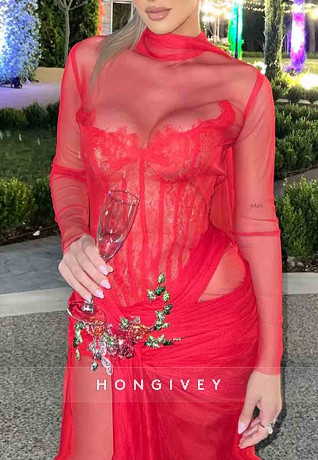 Sexy High Neck Column Red Illusion Neck Long Sleeves Prom Dresses
