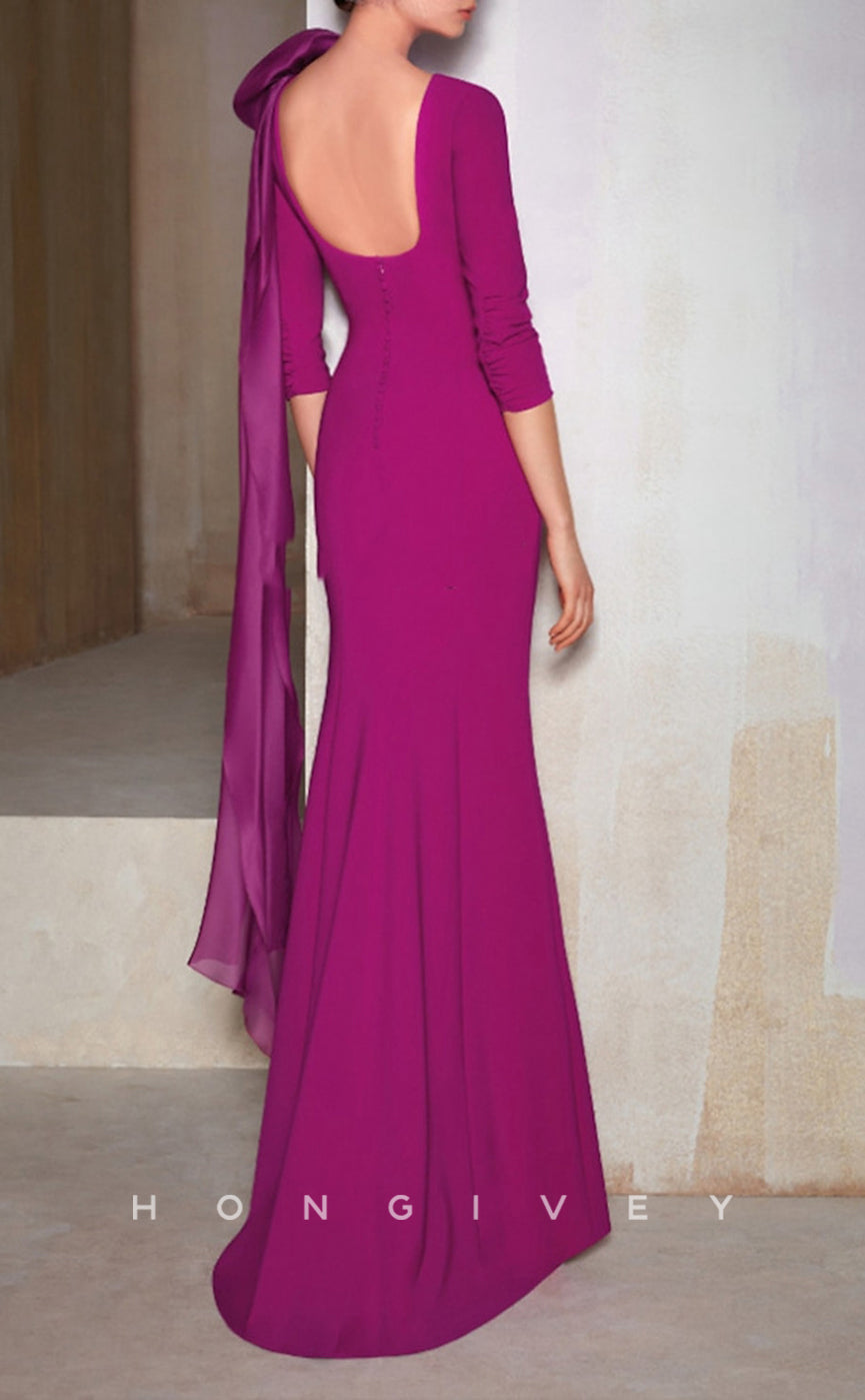 HM193 - Satin Trumpet Empire 3/4 Sleeves Floral Embossed Mother of the Bride Dress