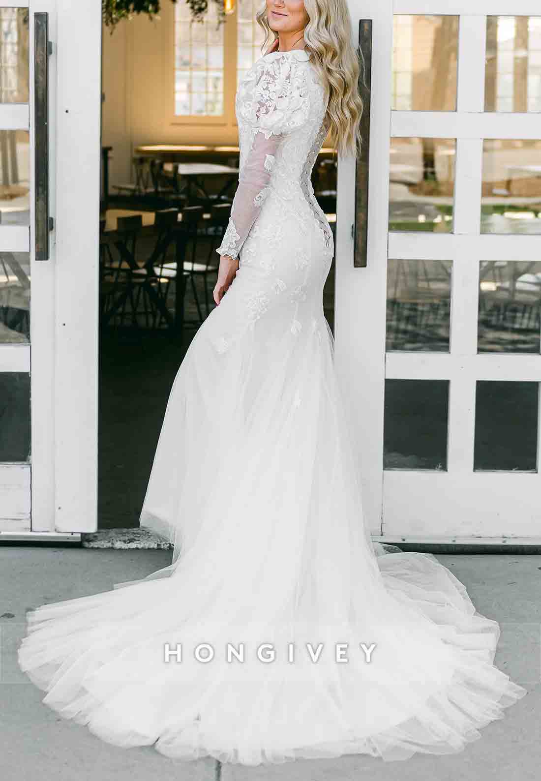 Long Sleeves Court Train Lace Scalloped Neck Tulle Trumpet Wedding Dresses