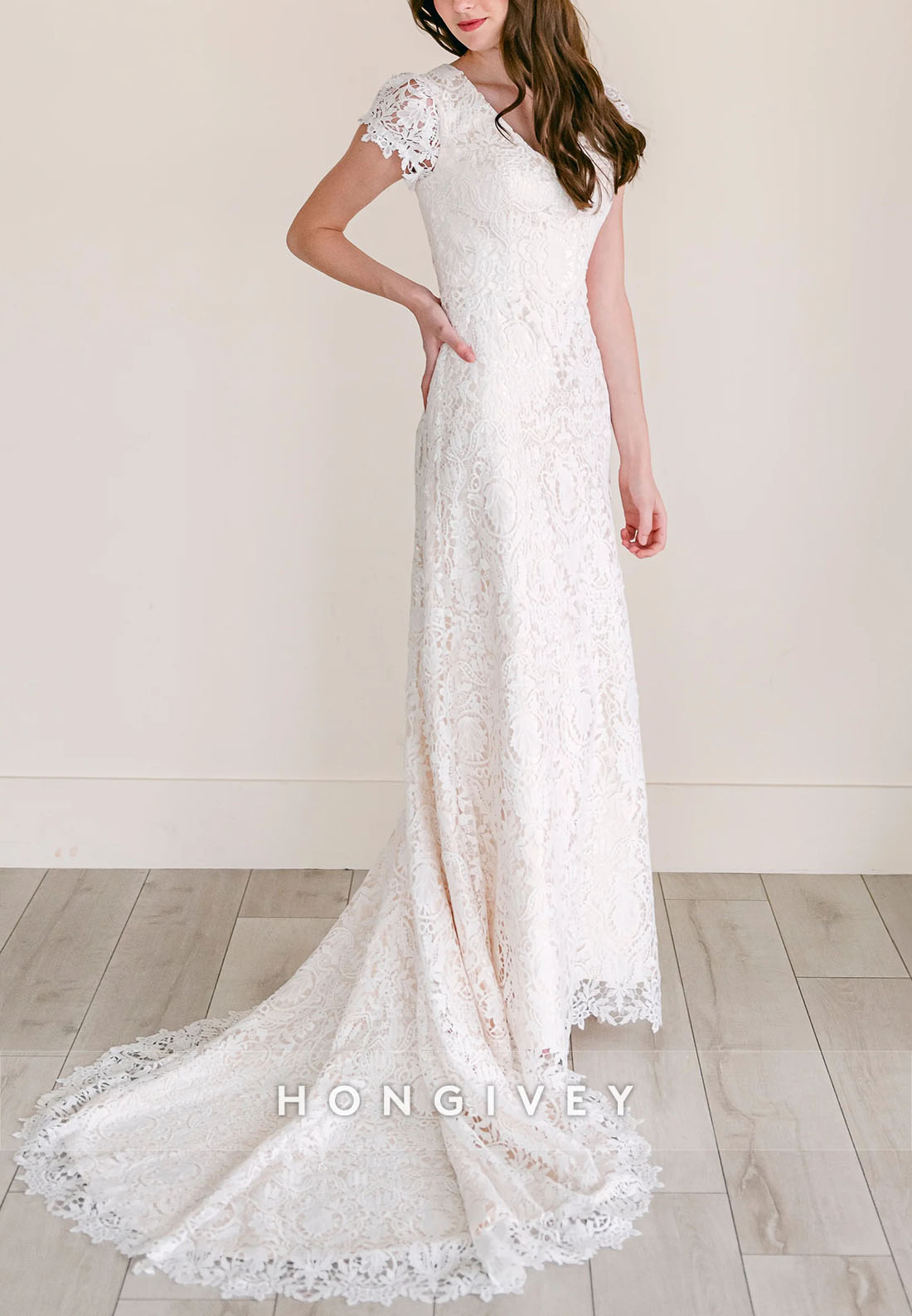 Cap Sleeves Court Train Lace Crisscross Back Trumpet Wedding Dresses