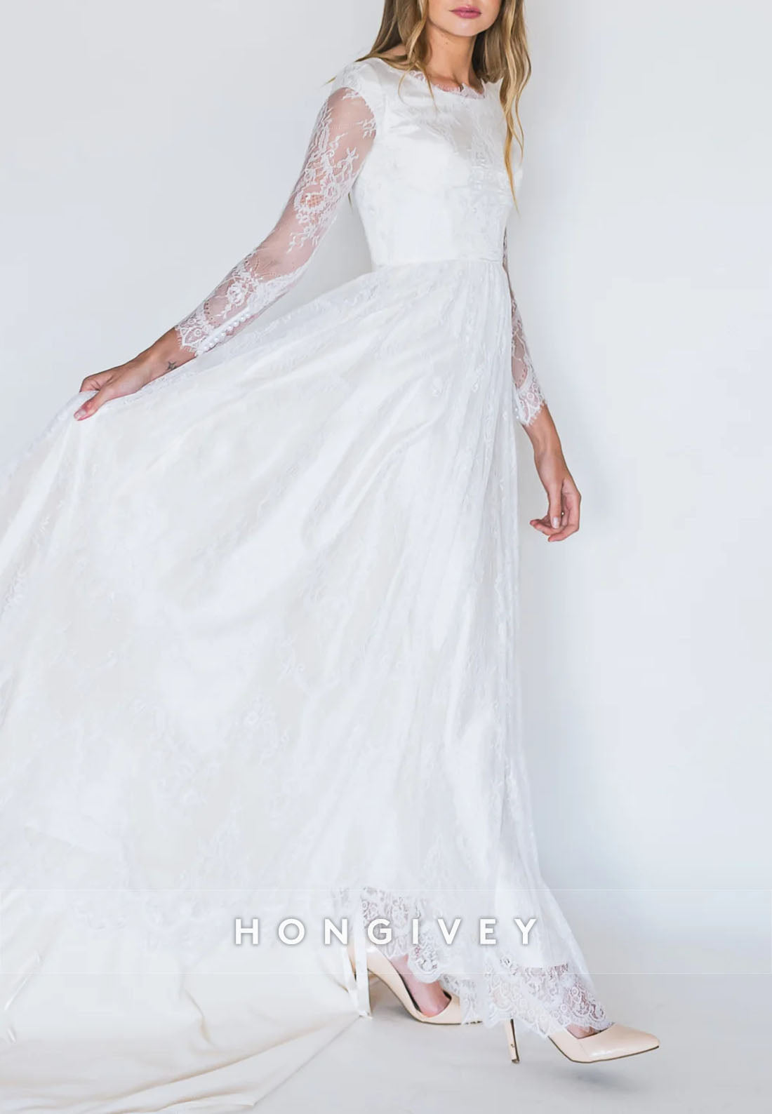 Long Sleeves A-Line Lace Court Train Crisscross Back Wedding Dresses with Pearls