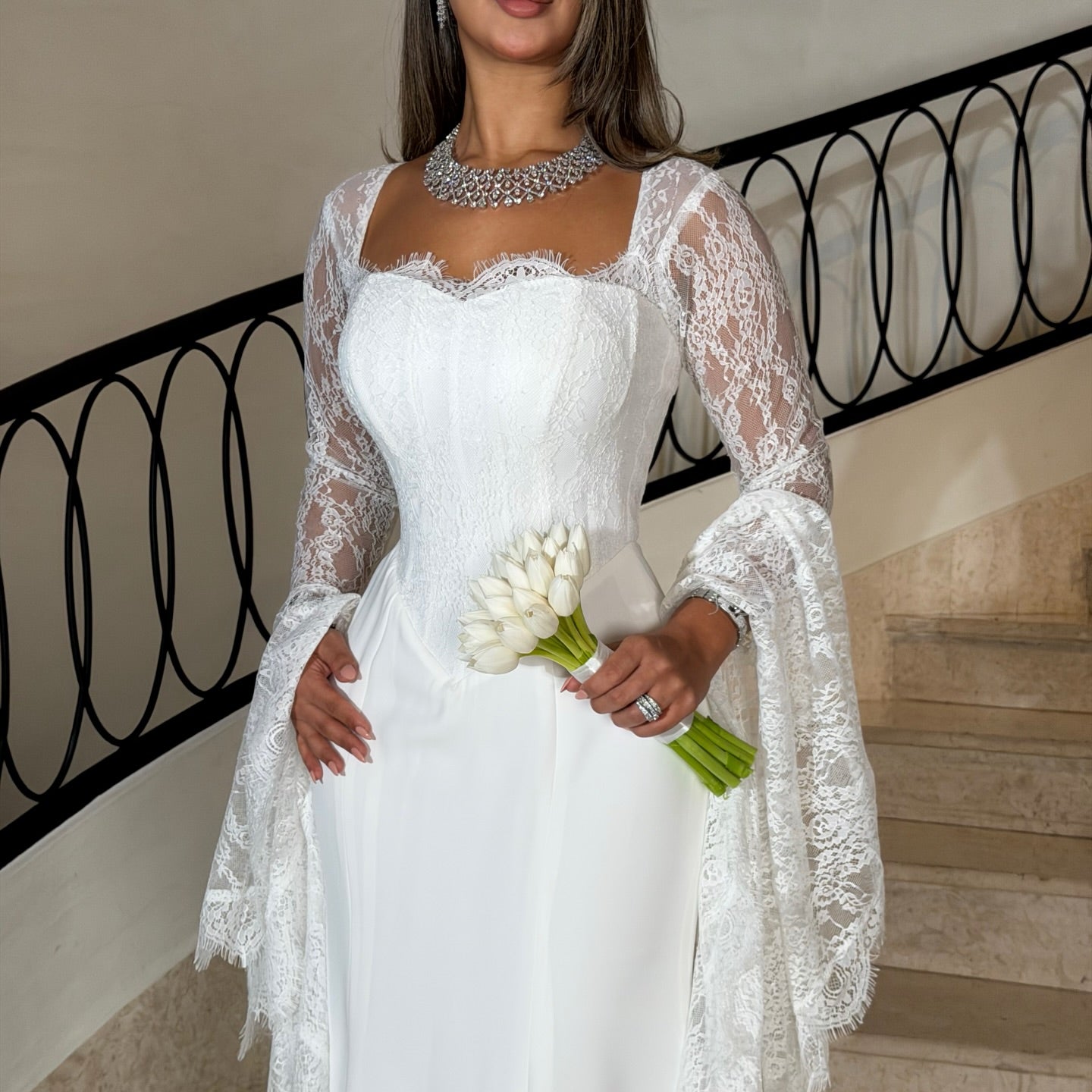 Square Neck Lace Long Sleeve Mermaid Floor-Length Wedding Dress