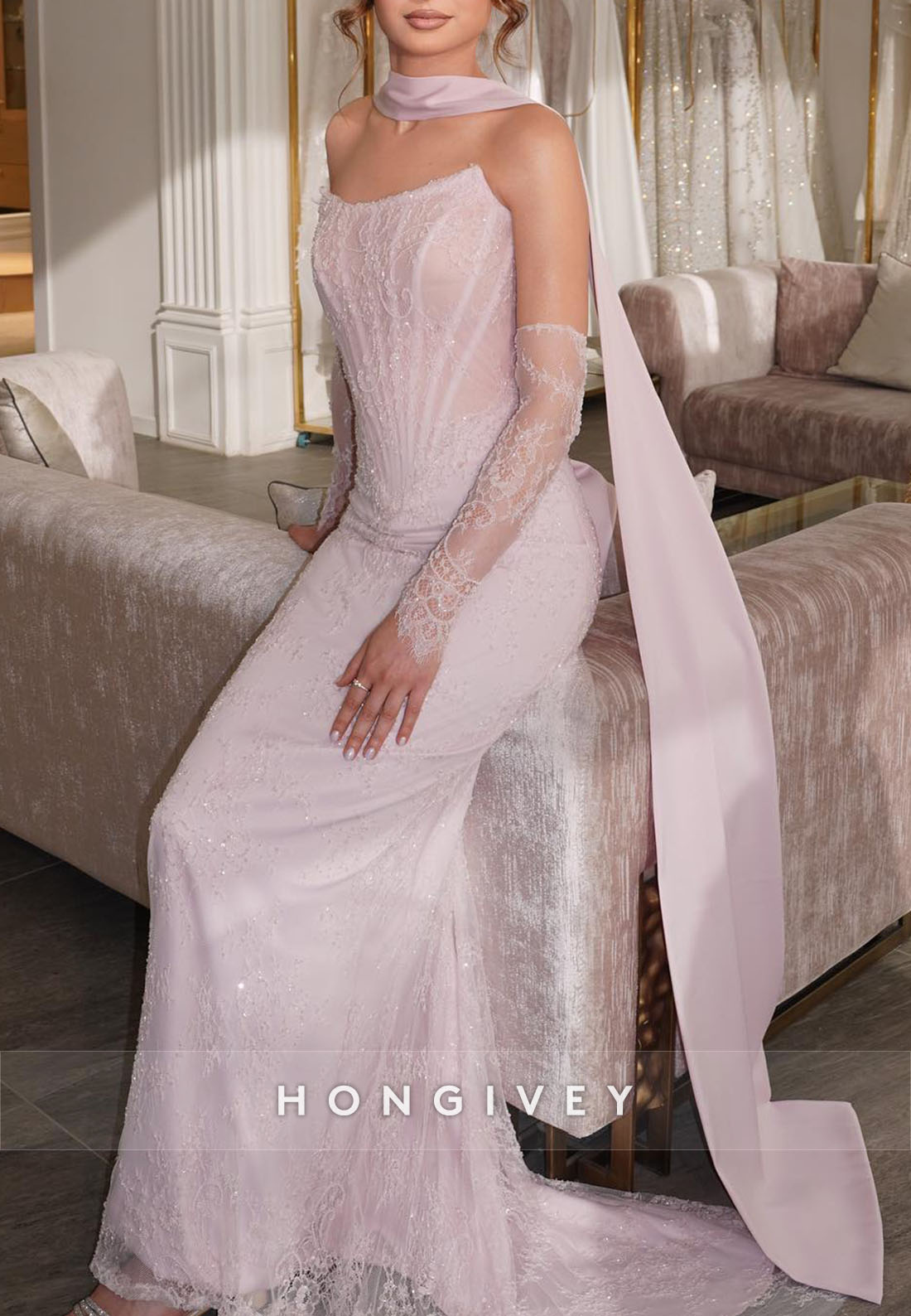 Sheath Pale Blush Lace Strapless Evening Gown with Hanging Neck Scarf