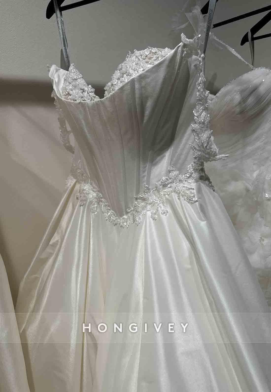 Off the Shoulder Satin Empire Princess Pleated Court Train Wedding Dresses