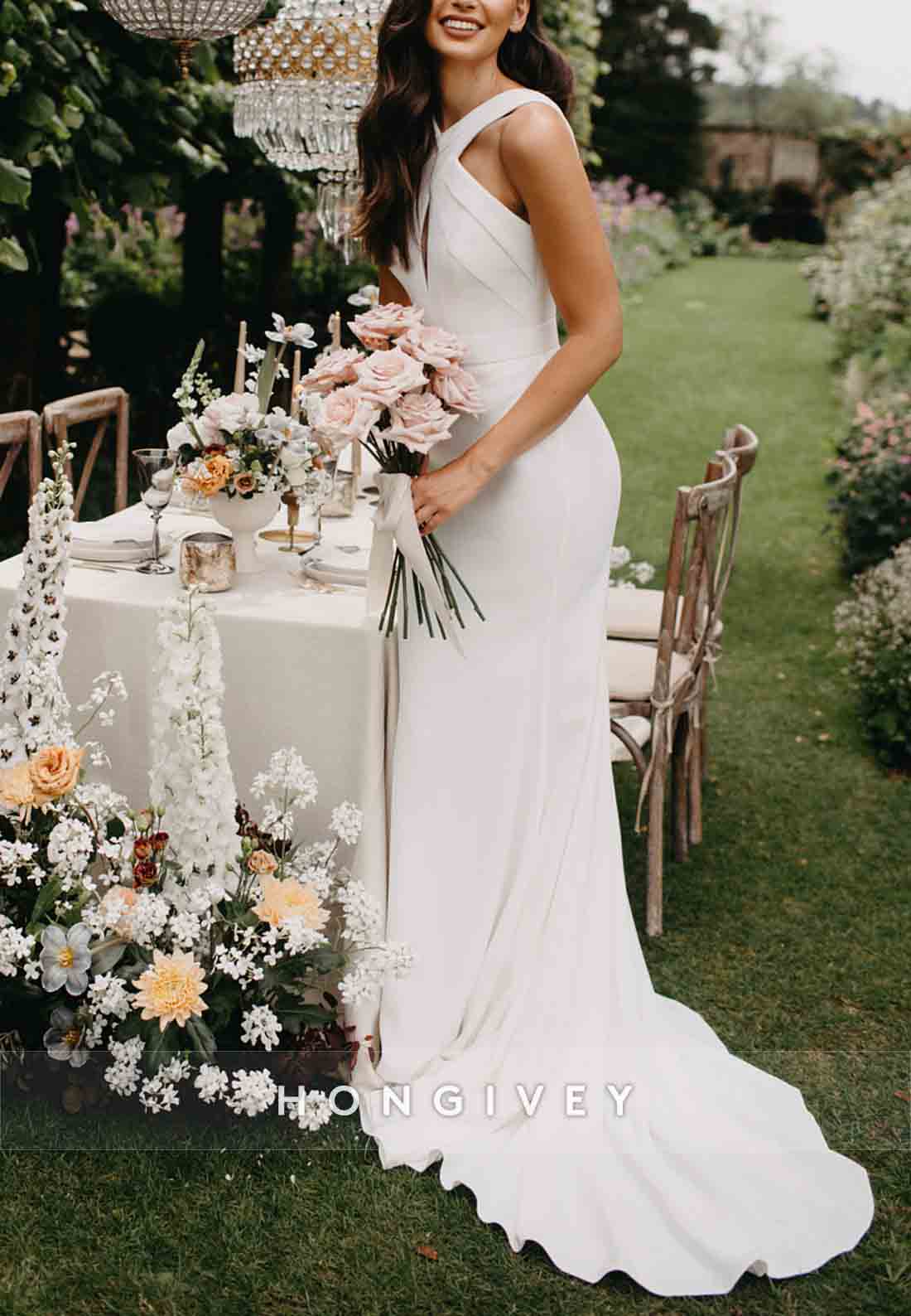 Keyhole Neck Sleeveless Sheath Waistband Sweep Train Wedding Dresses