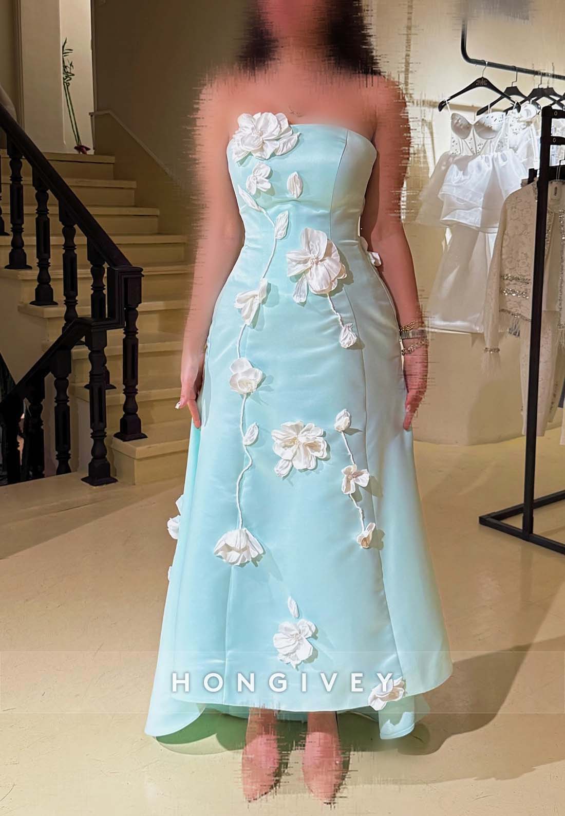 Handmade Flowers Pleated Strapless Ankle-Length A-line Low Back Evenin Handmade Flowers Pleated Strapless Ankle-Length A-line Low Back Evenin