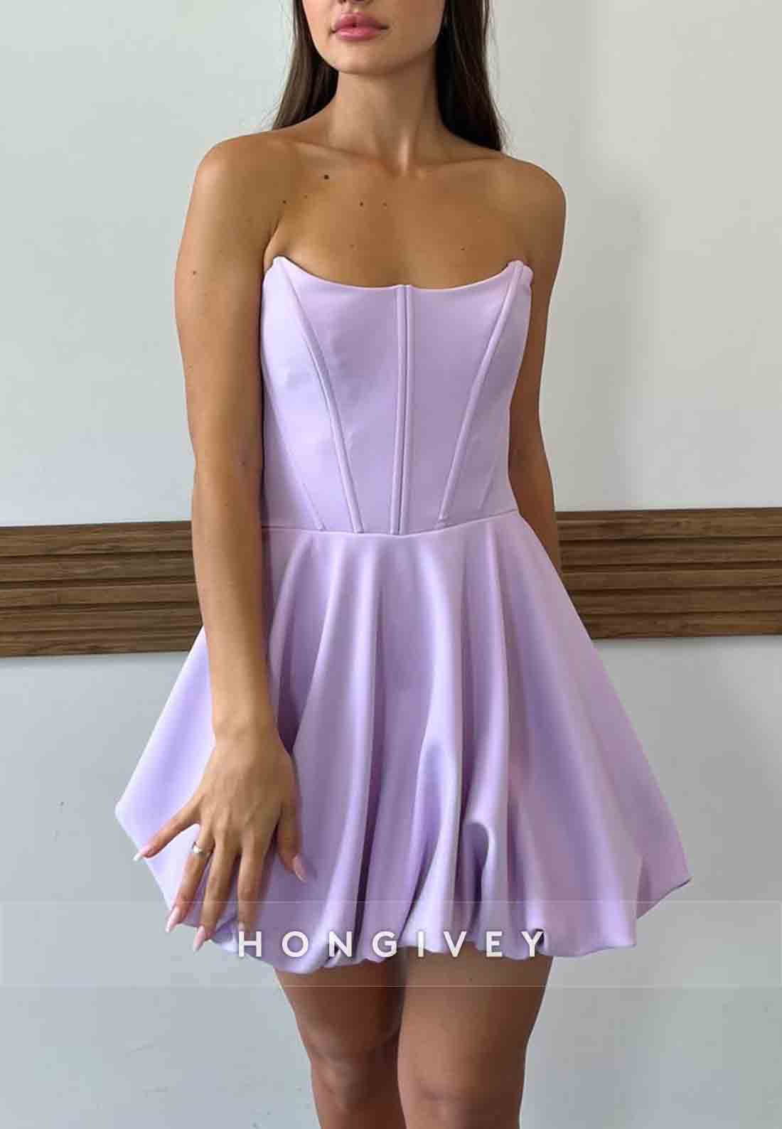 Simple Lilac Strapless A-Line Short Sleeveless Pleated Homecoming Dresses