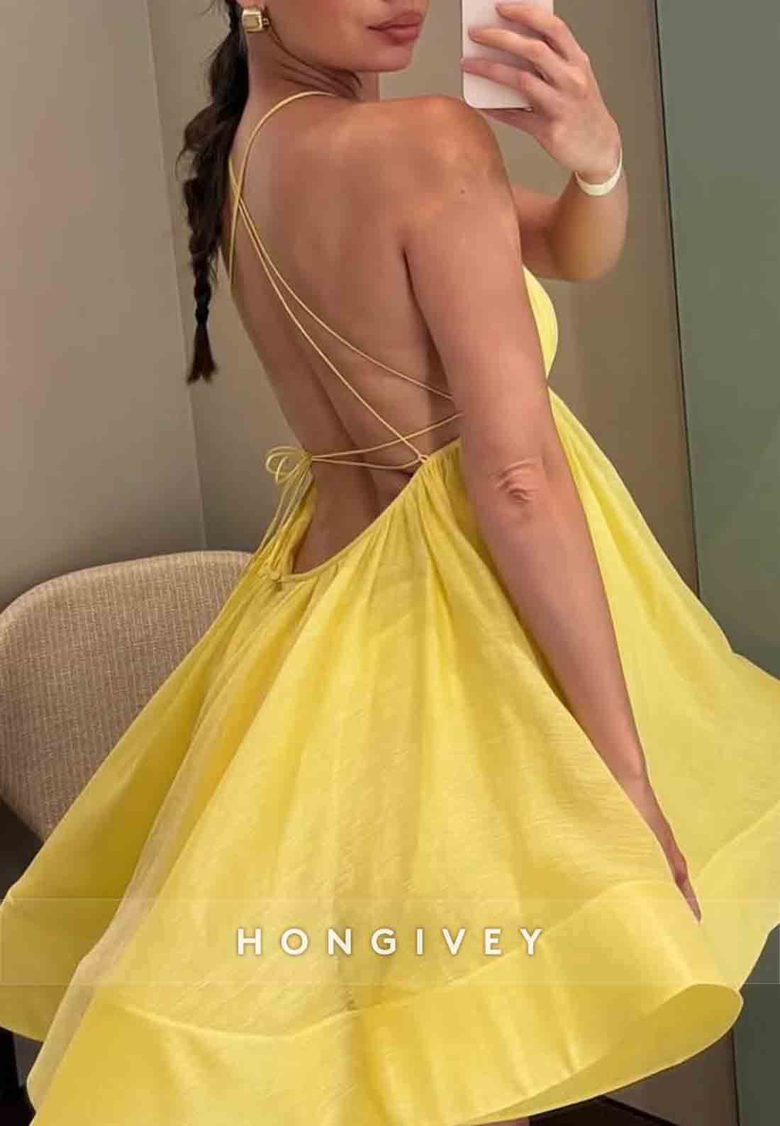 Low V-Neck Tie Back A-Line Short Pleated Spaghetti Straps Homecoming Dresses