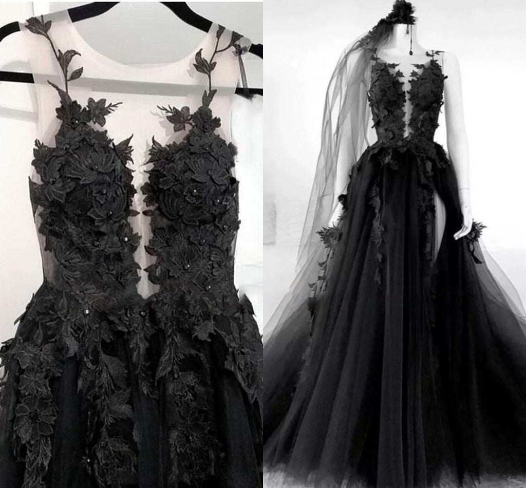 Sexy Black Lace Appliques Sleeveless Tulle Backless Wedding Dresses