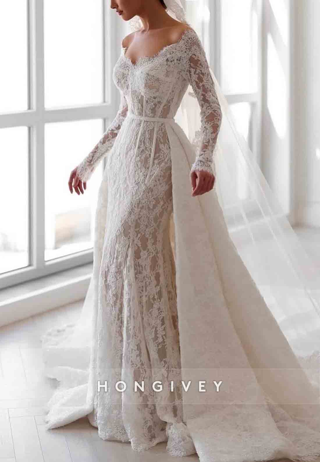 Off the Shoulder Long Sleeves Lace Court Train Trumpet Detachable Wedding Dresses