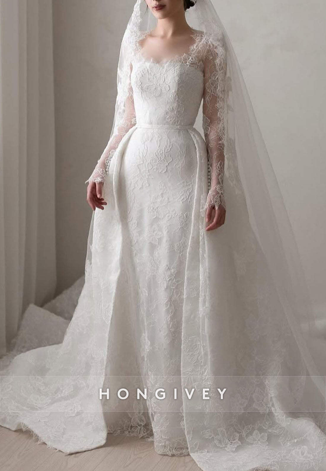 Long Sleeves Detachable Sheath Chapel Train Lace Wedding Dresses