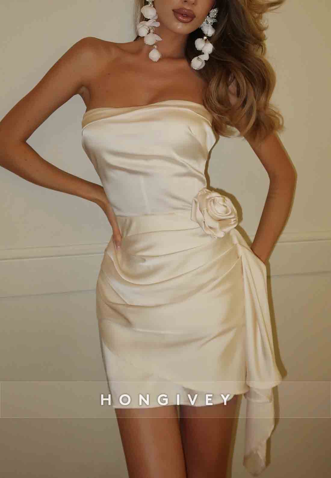 Strapless Satin Side Draping Sheath Satin Pleated Short Homecoming Dresses