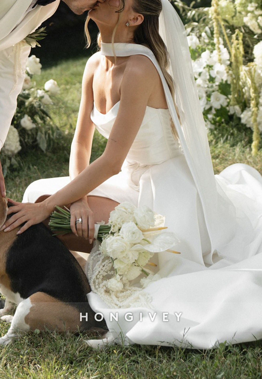 Side Slit Satin Side Slit Strapless A-Line Court Train Pleated Wedding Dresses