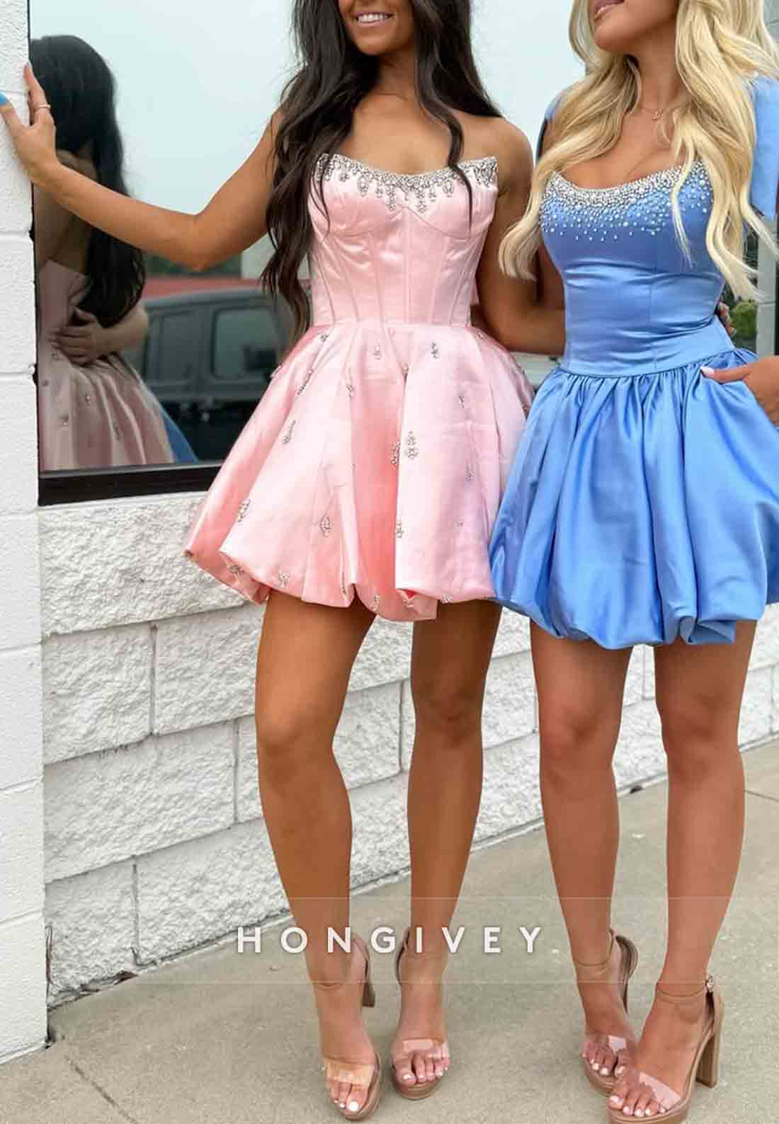 Appliqued Strapless Satin Pleated Sleeveless Princess Mini Homecoming Dresses