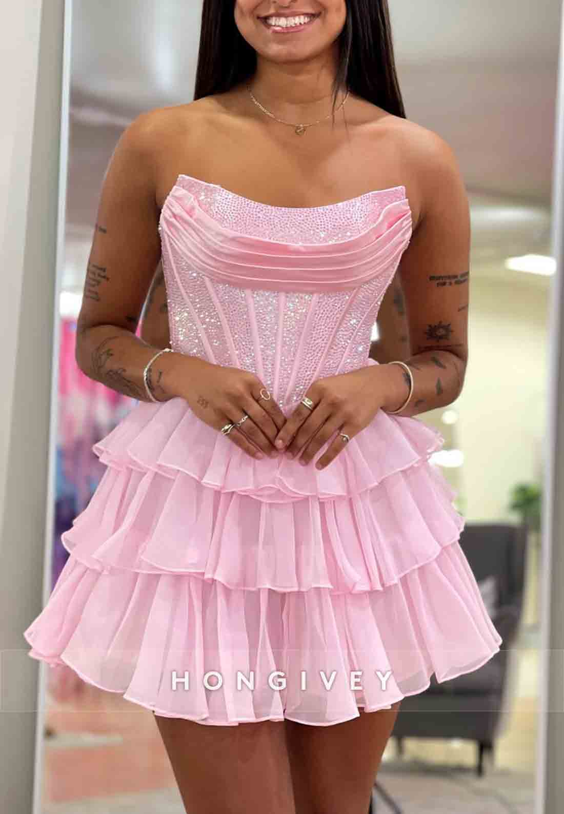 A-Line Strapless Ruched Crisscross Back Pleated Short Homecoming Dresses