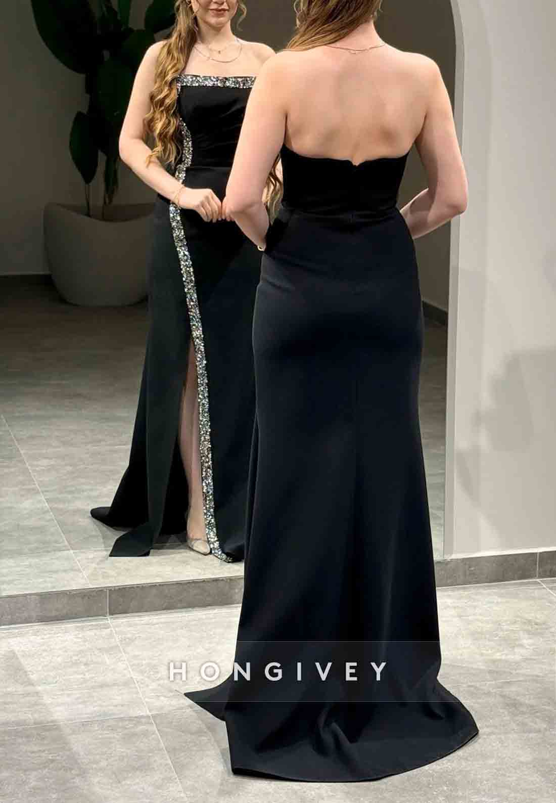 Elegant Strapless Low Back Side Slit Mermaid Floor-Length Evening Gowns