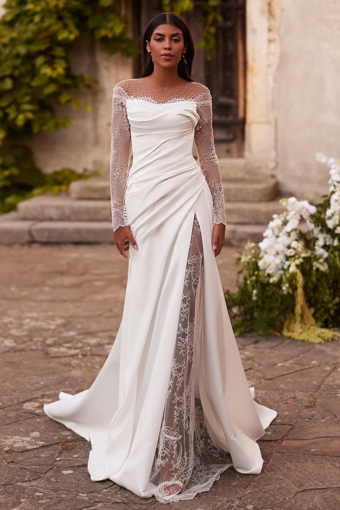 Beaded Lace Long Sleeve Mermaid Side Slit Floor-Length Wedding Dress