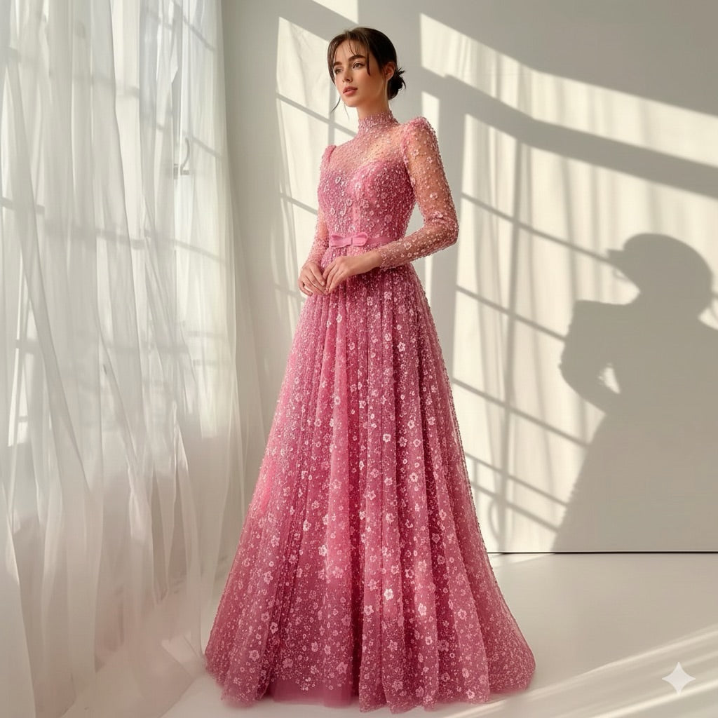 Exquisite High Neck Long Sleeve Sparkle A-Line Formal Evening Dress