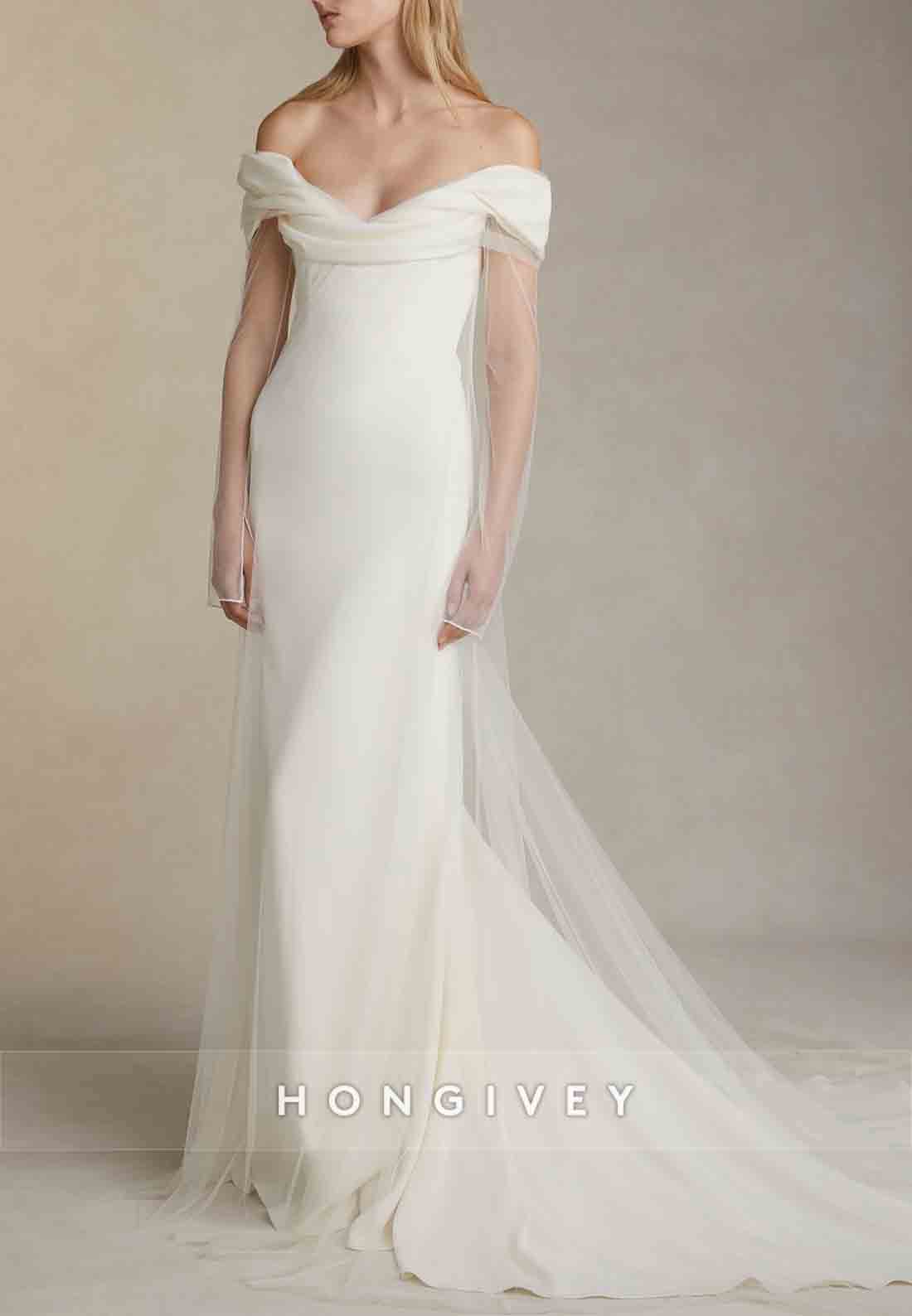 Tulle Off the Shoulder Court Train Long Sleeves Mermaid Wedding Dresses