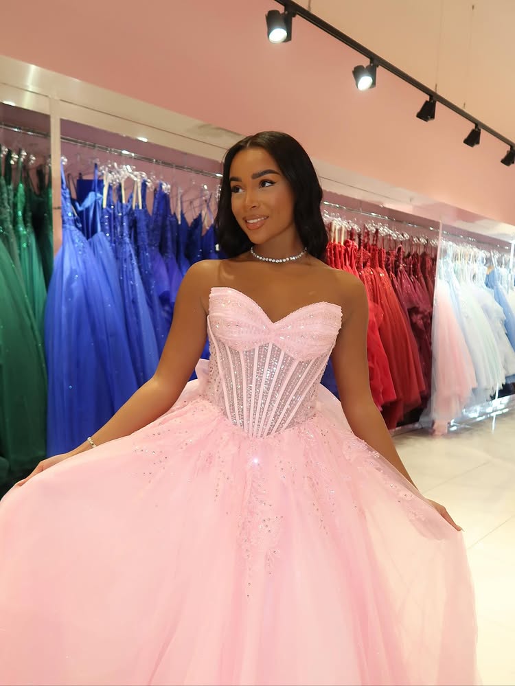 Pink Sleeveless Sweetheart Sheer Beaded Sparkle A-Line Prom Dress Floor-Length