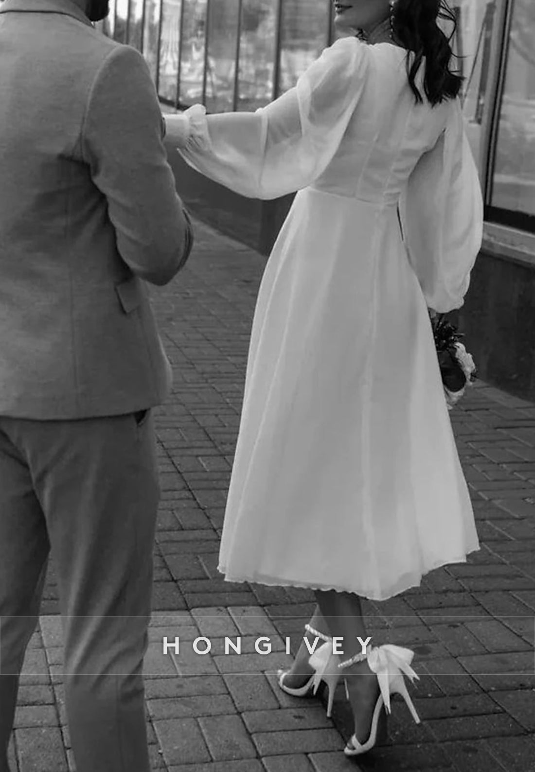 V Neck Tea-Length A-line Long Sleeve Pleated Wedding Dresses