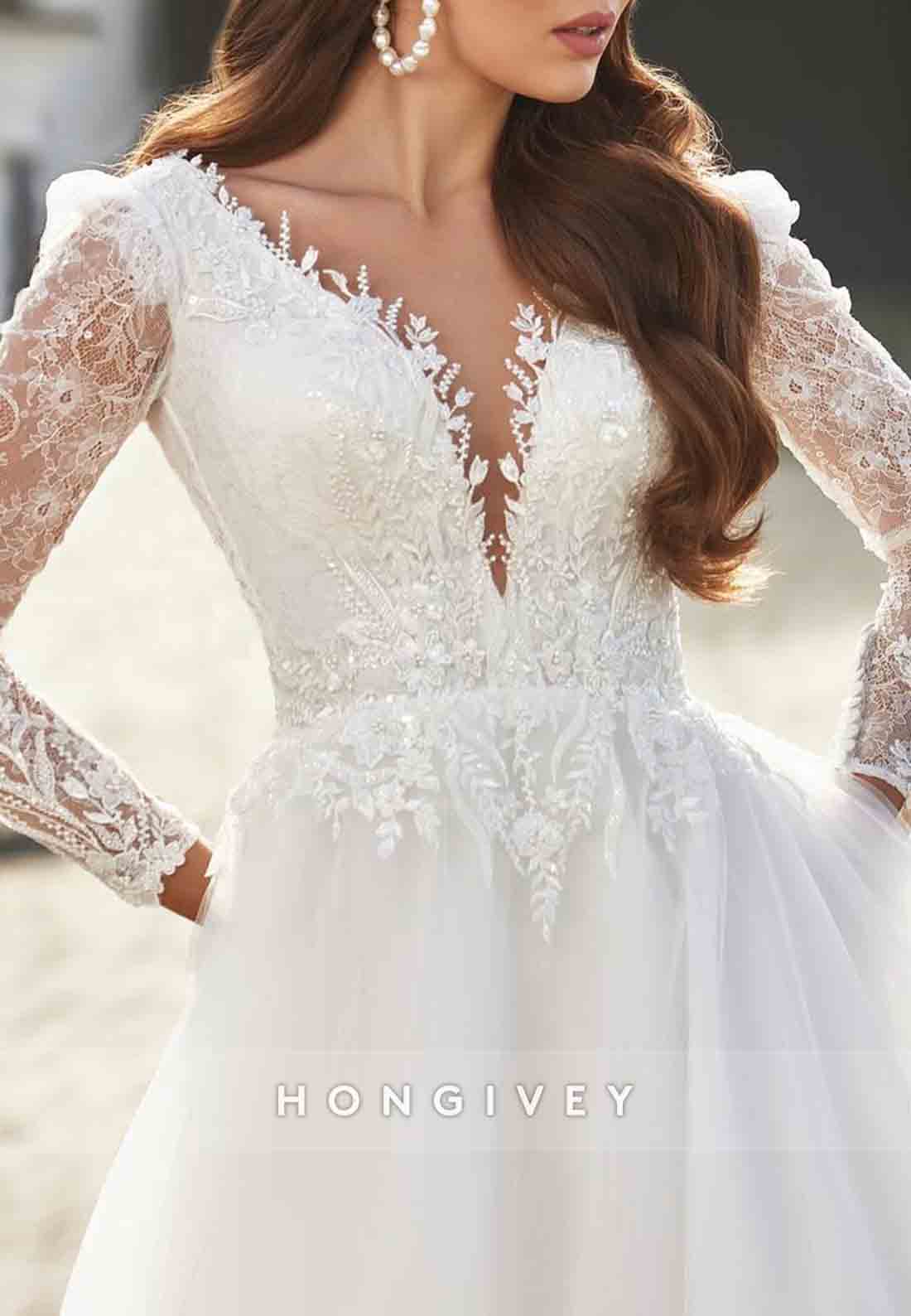 Lace Cut out Back A-line V Neck Court Train Long Sleeve Wedding Dresses