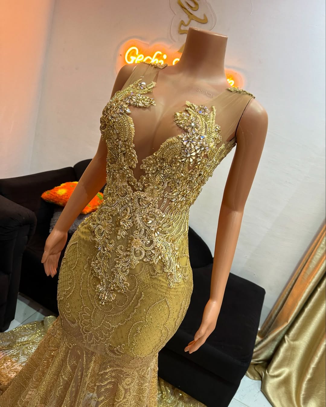 Stunning Gold Sleeveless Mermaid Prom Dress Long With Beadings