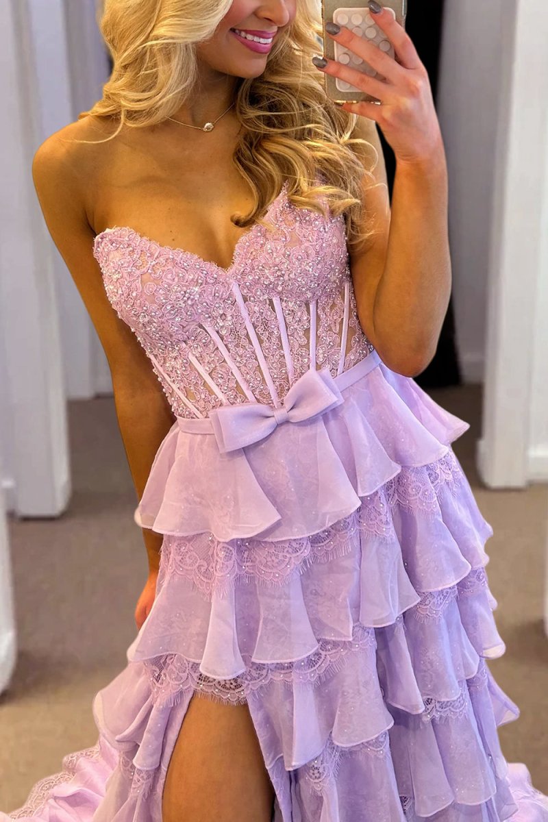 Strapless A Line Chiffon Tiered Lavender Prom Dresses With Bow