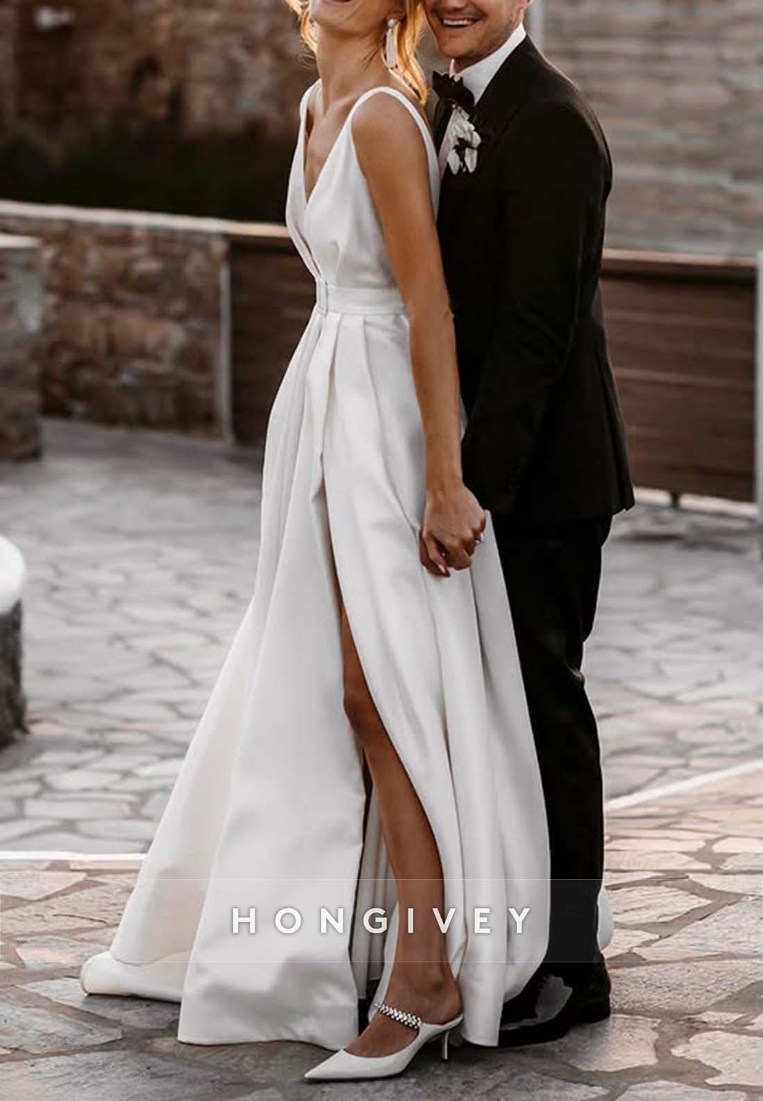 High Slit Court Train V Neck A-line Waistband Cap Straps V Back Wedding Dresses