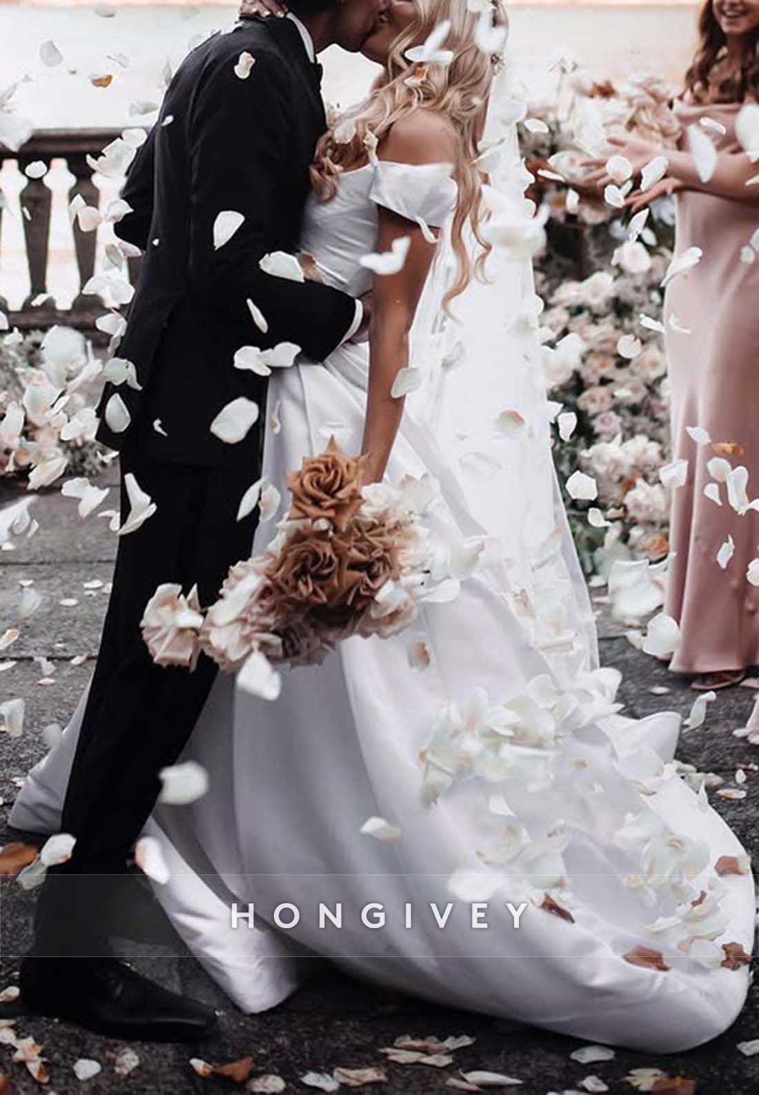 Off the Shoulder High Slit V Neck A-line Court Train Wedding Dresses