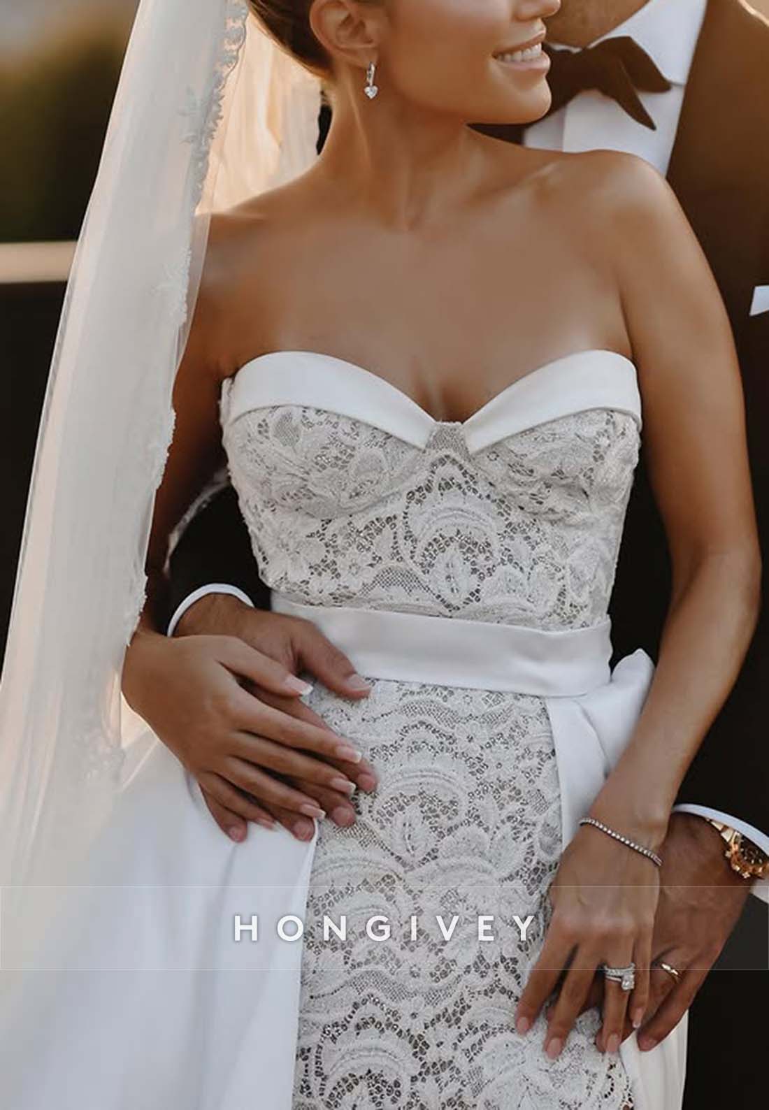 High Slit Lace Strapless Sweetheart Princess Ornate Wedding Dresses