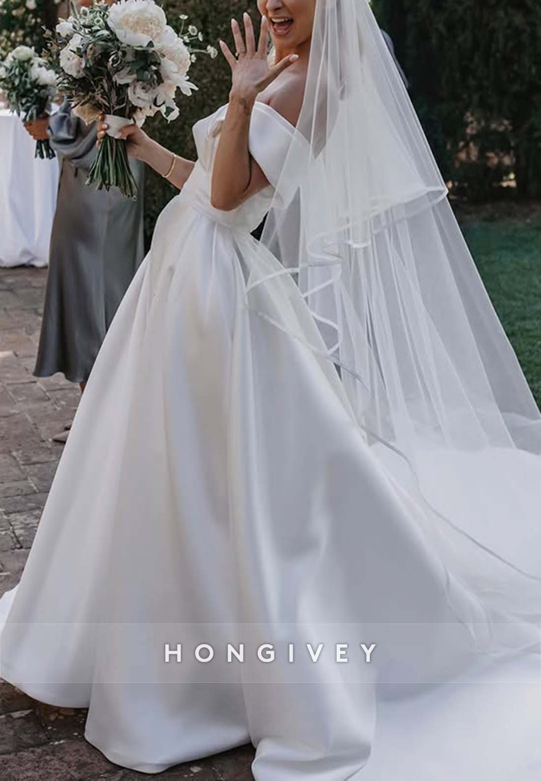 Elegant Off the Shoulder Empire Pleated Satin Chapel Train Wedding Dresses