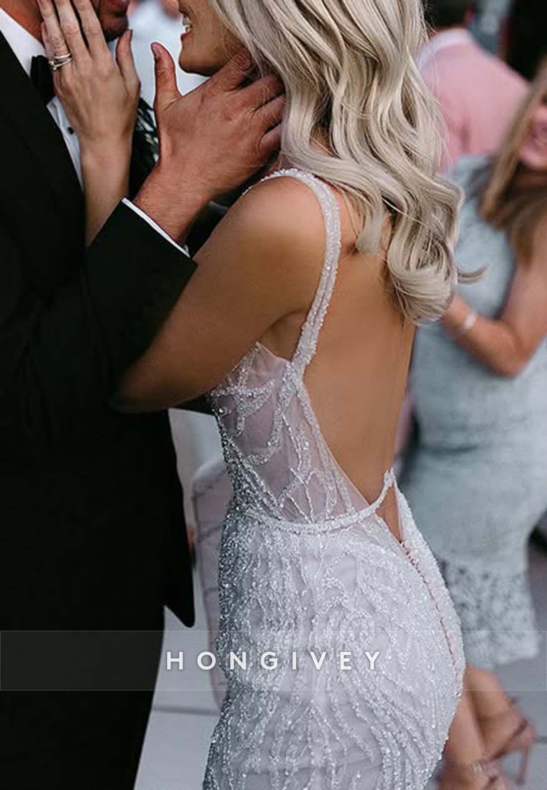 Backless Regular Straps Sleeveless Sheath Square Beading Wedding Dresses