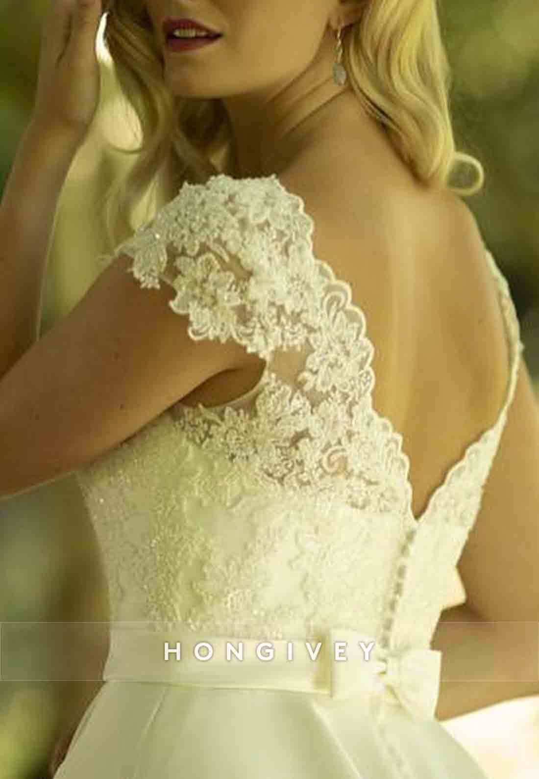 Pleated A-line Tea-Length Lace Cap Sleeves Scalloped Neck Wedding Dresses