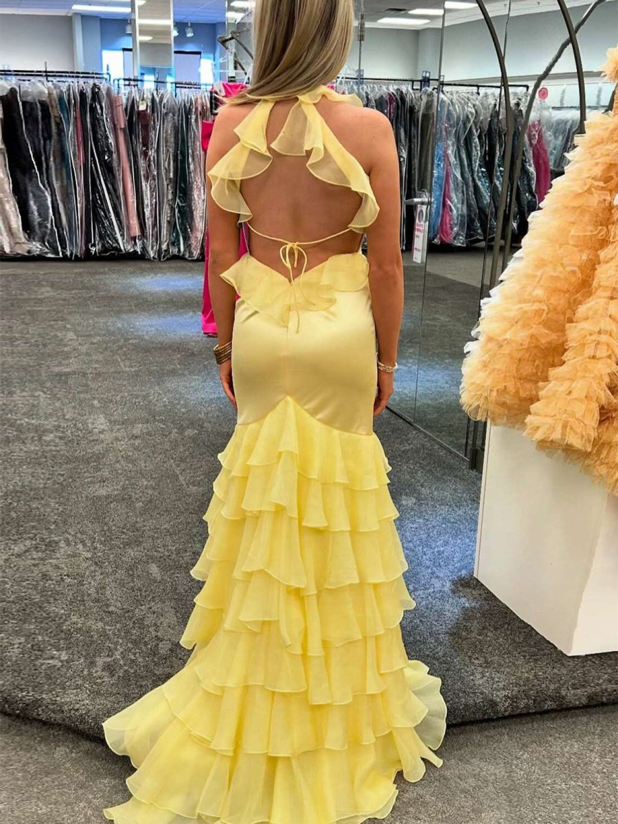 Yellow V Neck Satin Mermaid Ruffles Long Prom Dress