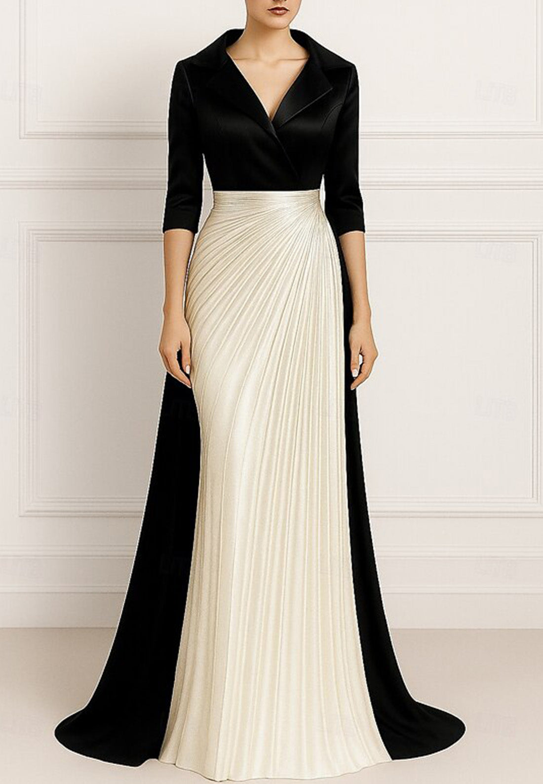 Black Tie Formal Wedding Half Sleeves Column Satin Evening Gown with Ruffles