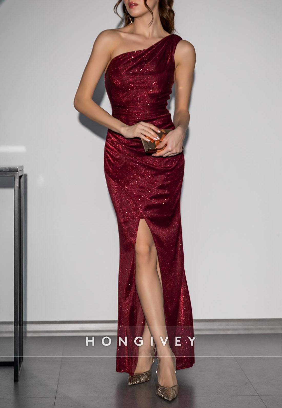 Ankle-Length Formal Dresses One Shoulder Column Glitter Pleated Evenin Ankle-Length Formal Dresses One Shoulder Column Glitter Pleated Evenin