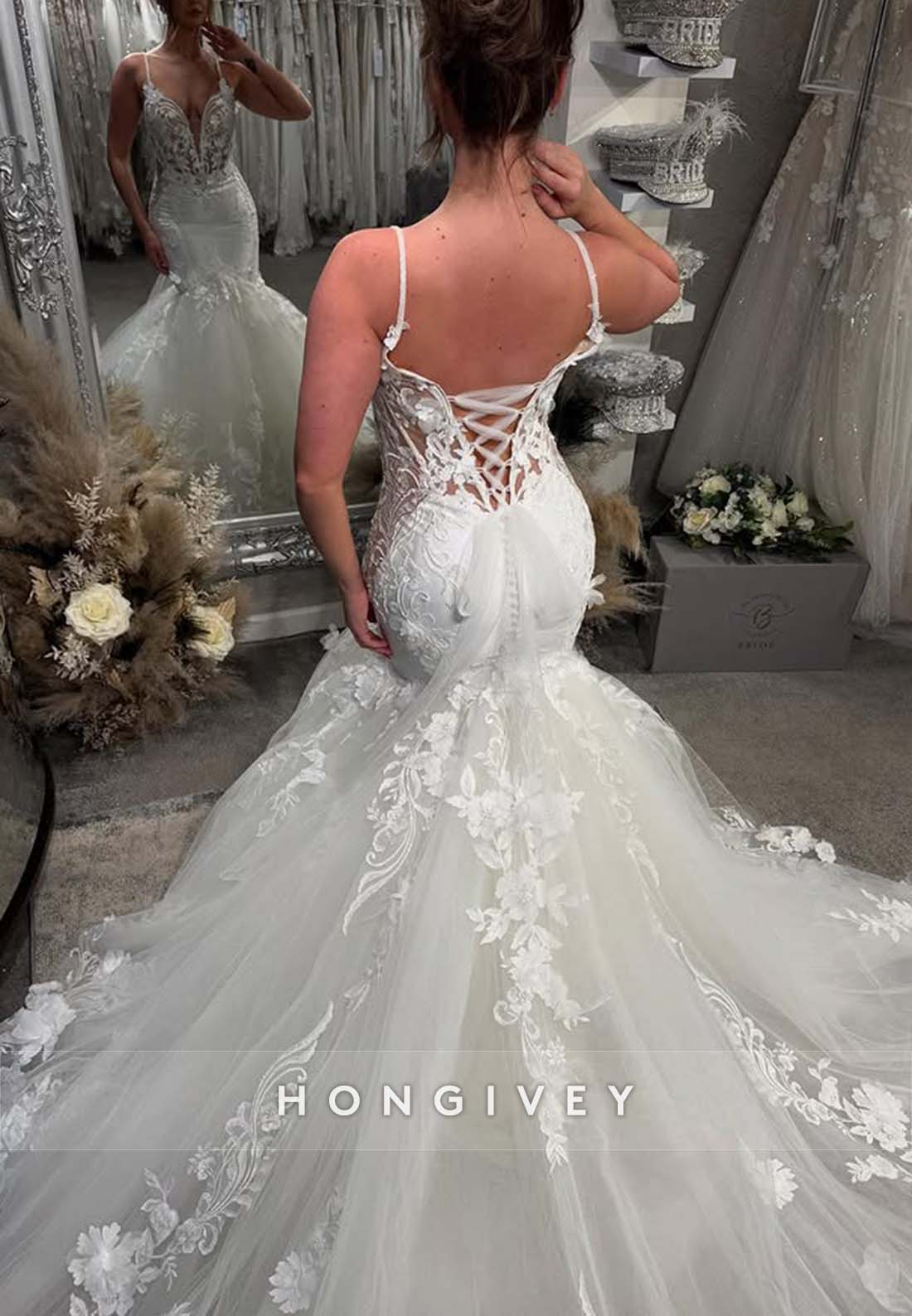 Chapel Train Regular Straps Sleeveless V Neck Lace Crisscross Back Mermaid Wedding Dresses