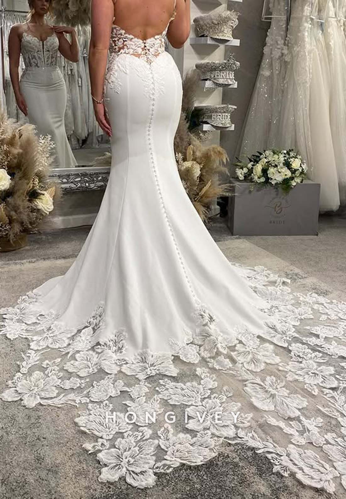 Regular Straps Sleeveless Lace Chapel Train Trumpet V Neck Low Back Wedding Dresses