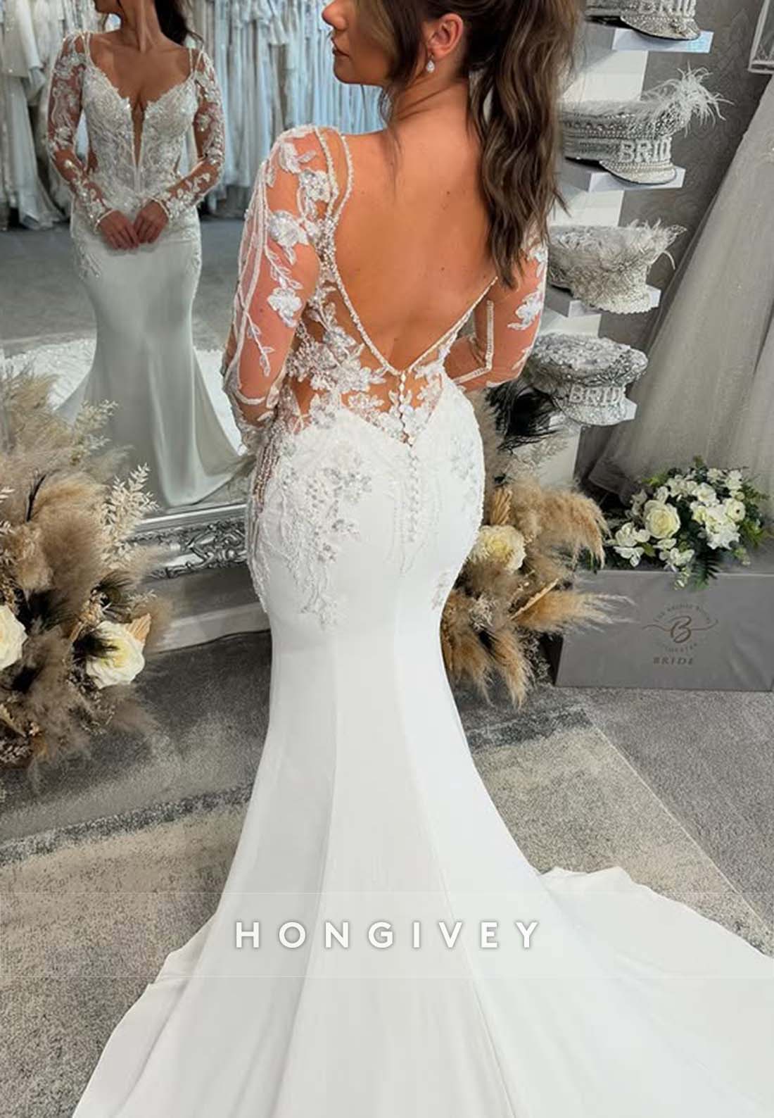 Long Sleeve Lace Pleated V Back Chapel Train V Neck Boho Mermaid Wedding Dresses