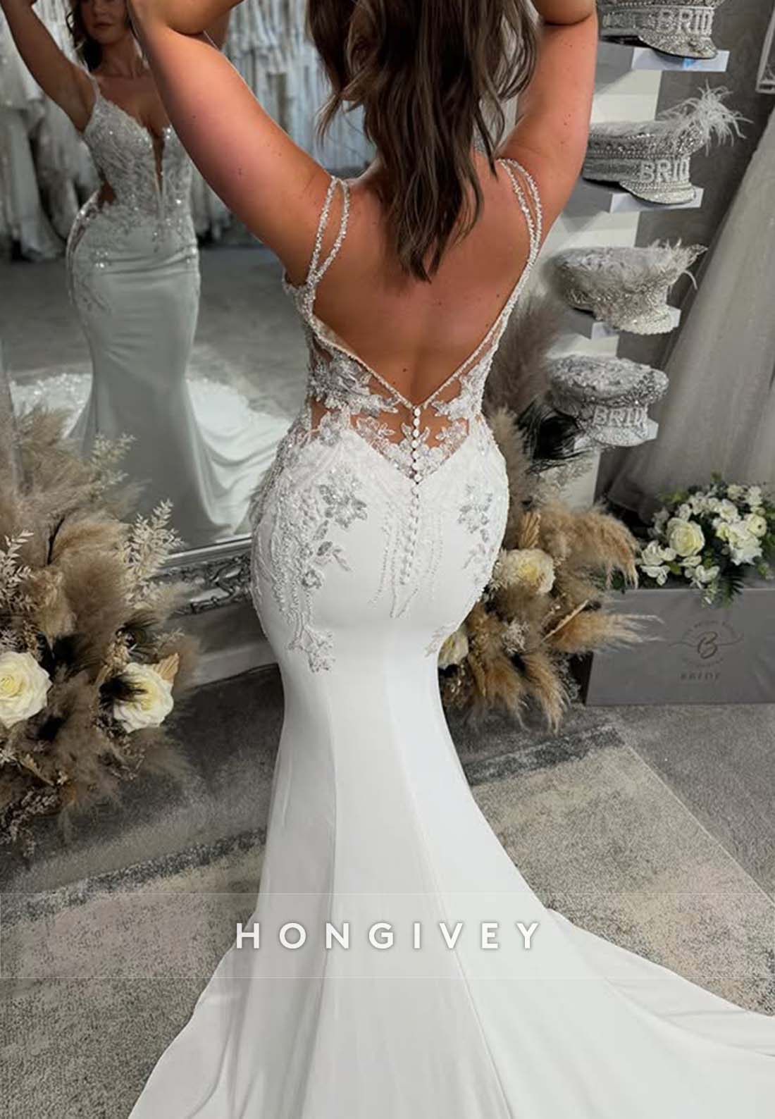 V Back Sleeveless Regular Straps V Neck Chapel Train Mermaid Wedding Dresses