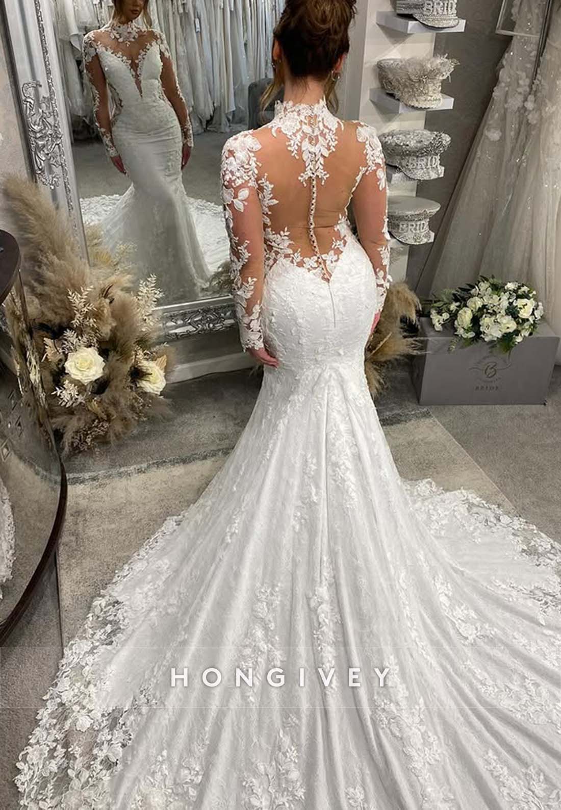 High Neck Lace Illusion Neck Pleated Long Sleeve Boho Mermaid Wedding Dresses