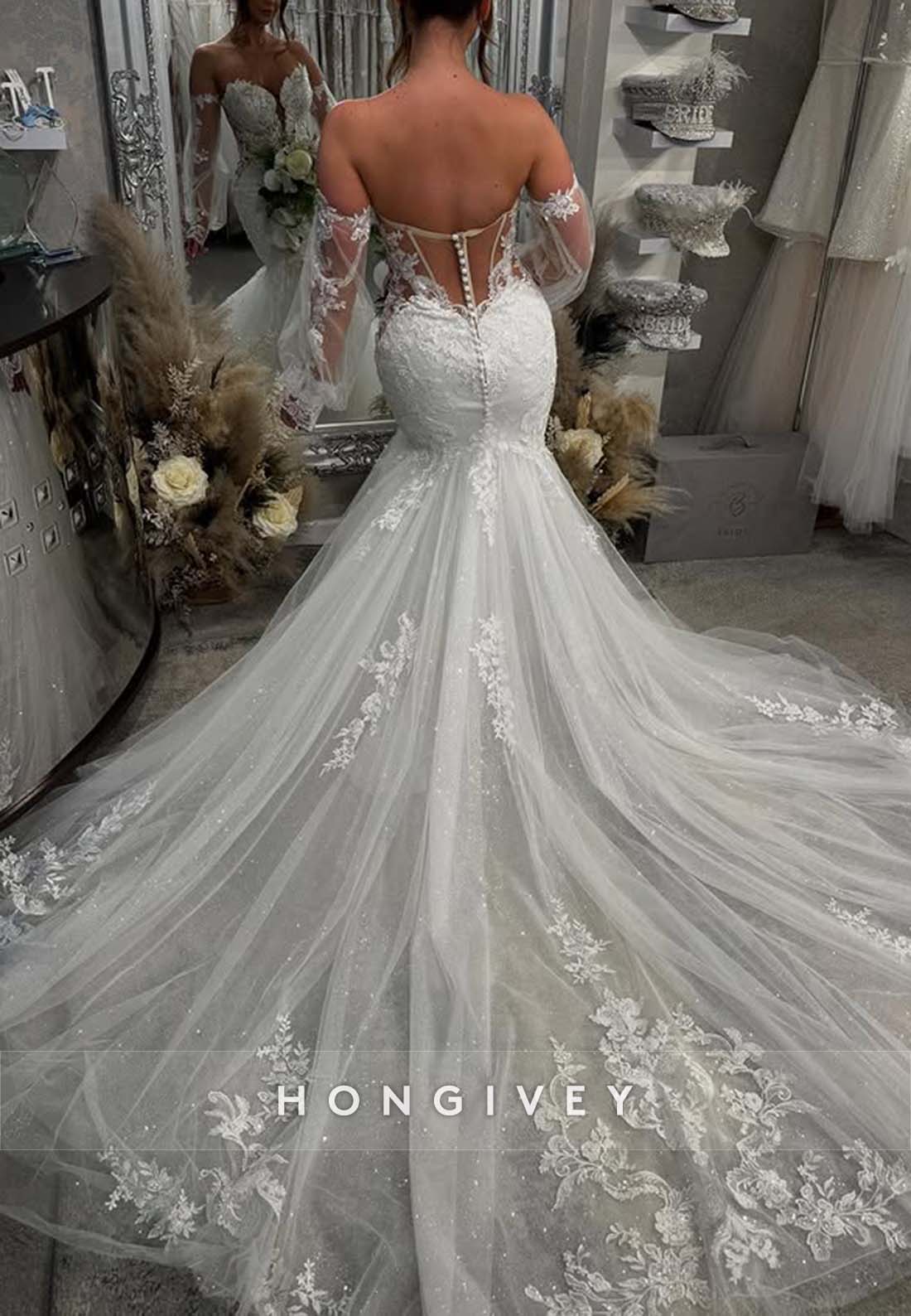 Off the Shoulder Long Sleeve Lace Pleated Chapel Train Low Back Boho Trumpet Wedding Dresses