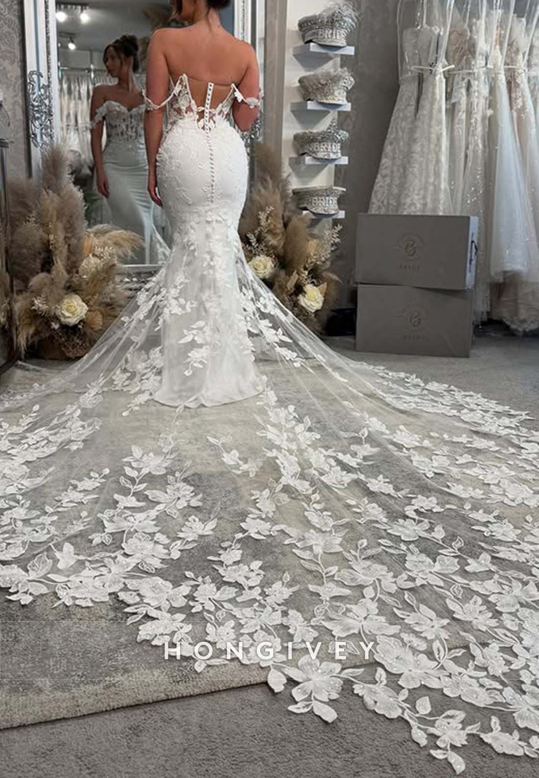 Off the Shoulder Lace Pleated Chapel Train Mermaid Boho Wedding Dresses