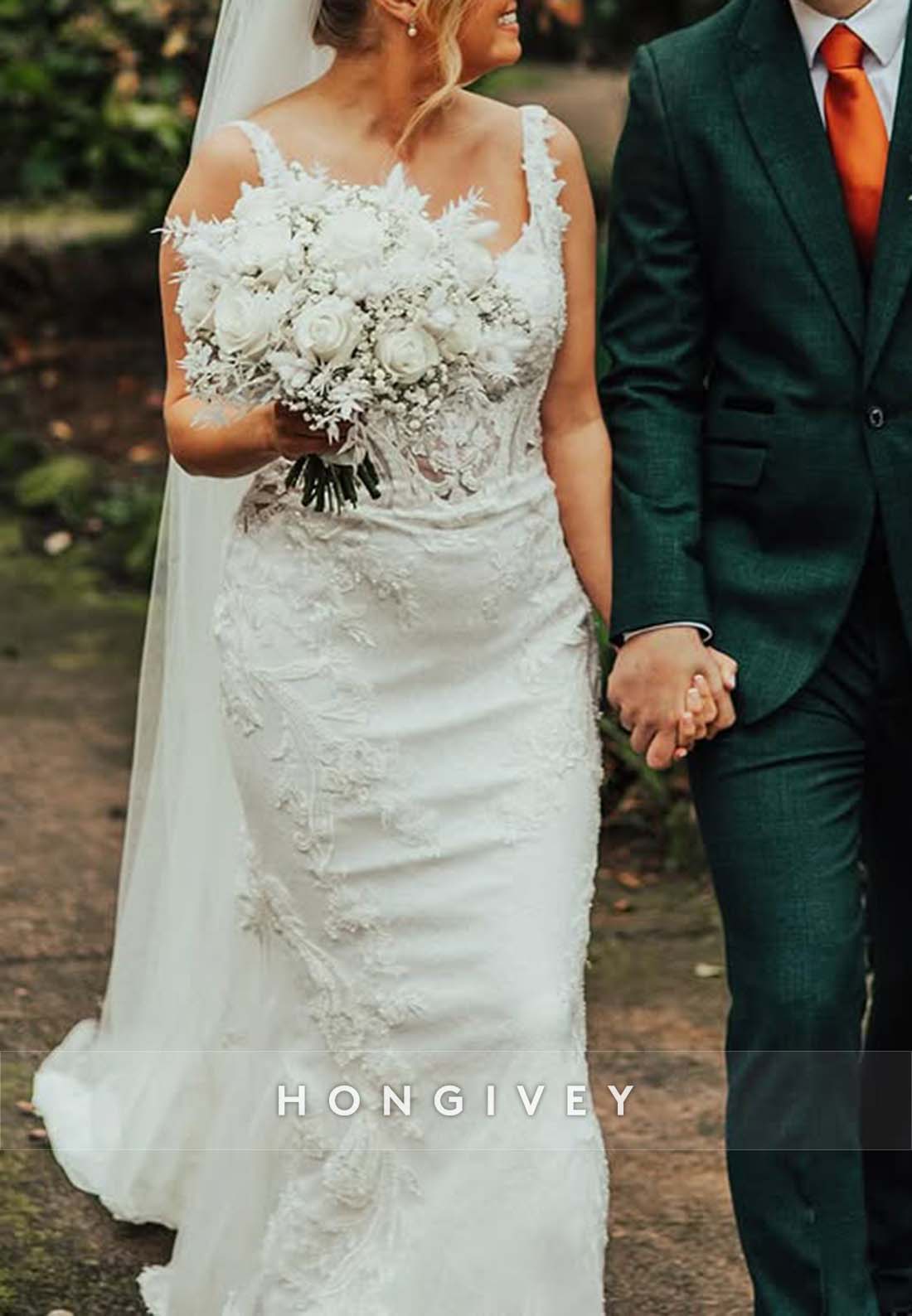 Lace Pleated Sheath Court Train Square Regular Straps Wedding Dresses